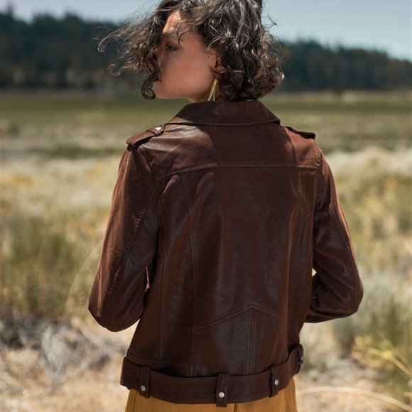 Brown Faux Suede Edgy Belted Hem Biker Jacket - Picture 4 of 4